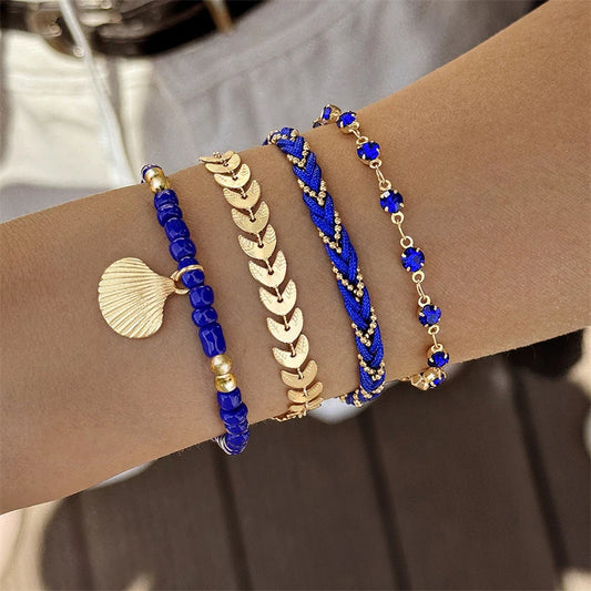 4pcs/set Bohemia Shell Bracelets for Women Colorful Zircon Rice Beads Metal Chain Bangles Girl Summer Beach Jewelry