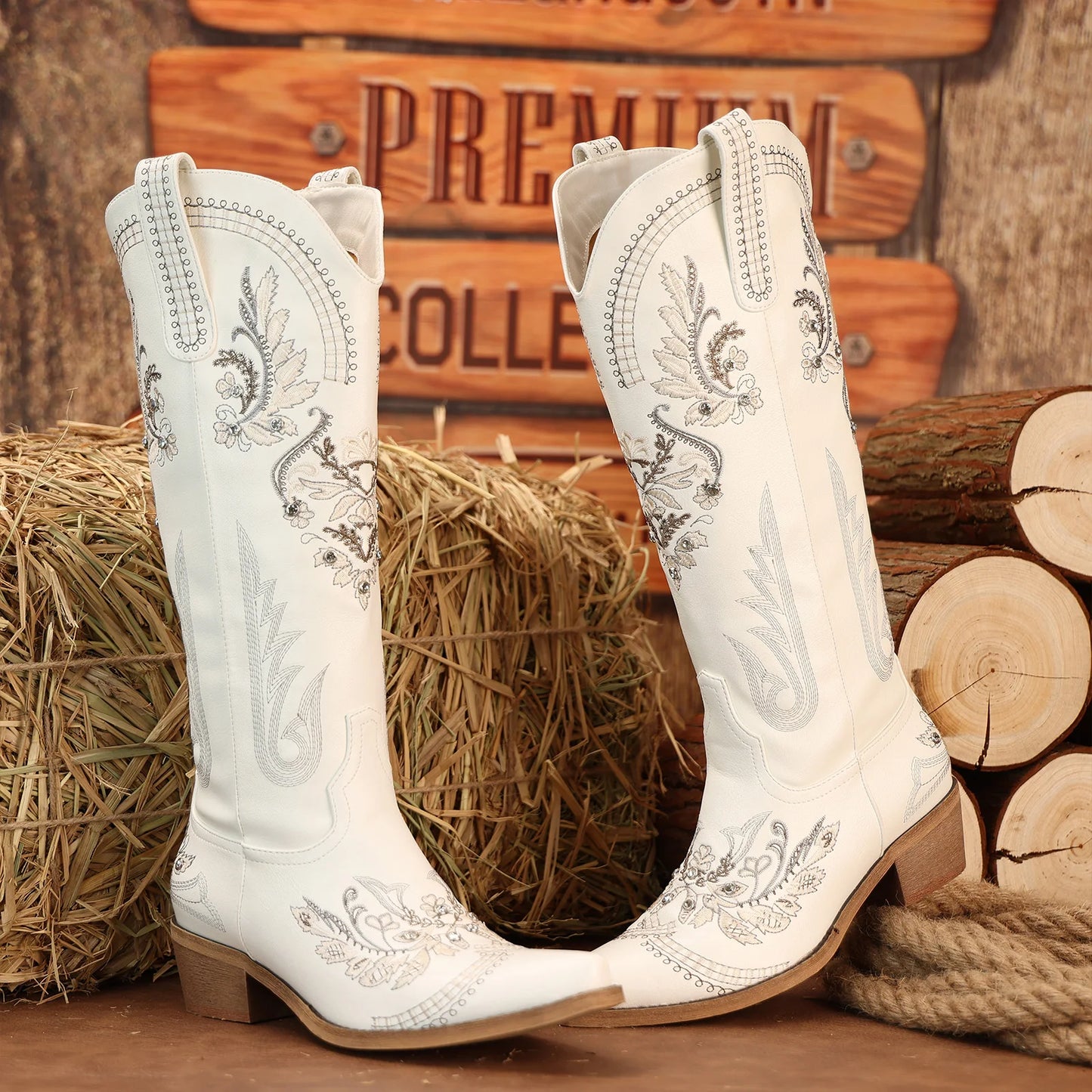 Women's Wide Calf Knee-High Cowgirl Boots: Glitter Sparkly Rhinestone Western Boots with Classic Embroidery, Pointed Toe, and Si
