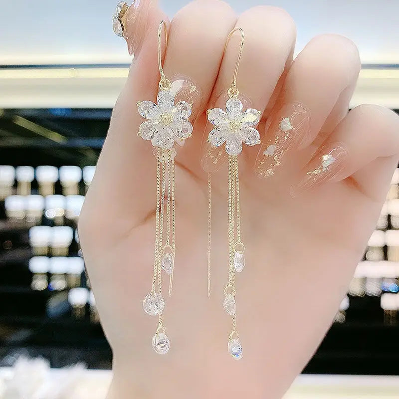Luxury Crystal Flower Tassel Drop Earrings for Women Shiny Zircon Opal Long Dangle Earrings Girls Jewelry Gift