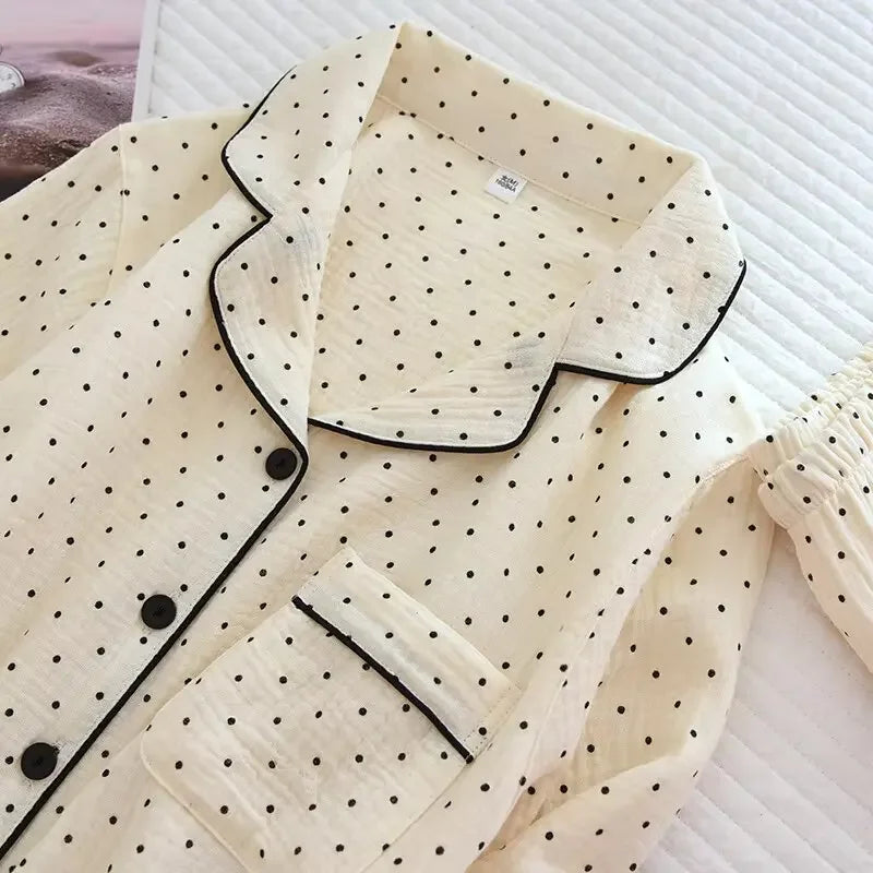 2025 Spring and Autumn New Women's Pajama Set 100%cotton crepe long-sleeved trousers two-piece polka dot cute home wear thin set