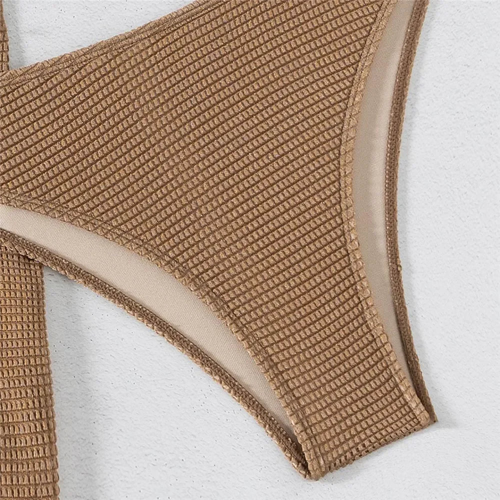 Brown Solid Swimwears Strapless Bandeau Bikinis Sets 3 Pieces Cover Up Sexy Swimsuit Woman 2025 Metal Buckled Bikini Beachwear