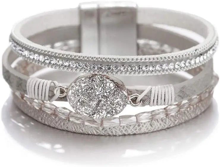 Fesciory Leopard Bracelet for Women, Boho Leather Wrap Multi-Layer Pearl Crystal Bracelet Bangle Jewelry