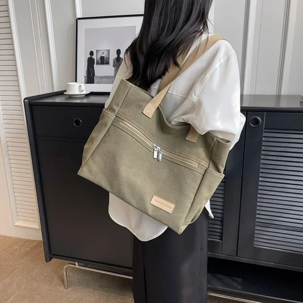 Fashion Retro Versatile Canvas Tote Bag Leisure Student Shoulder Bags Portable Handbag with Zipper for Women
