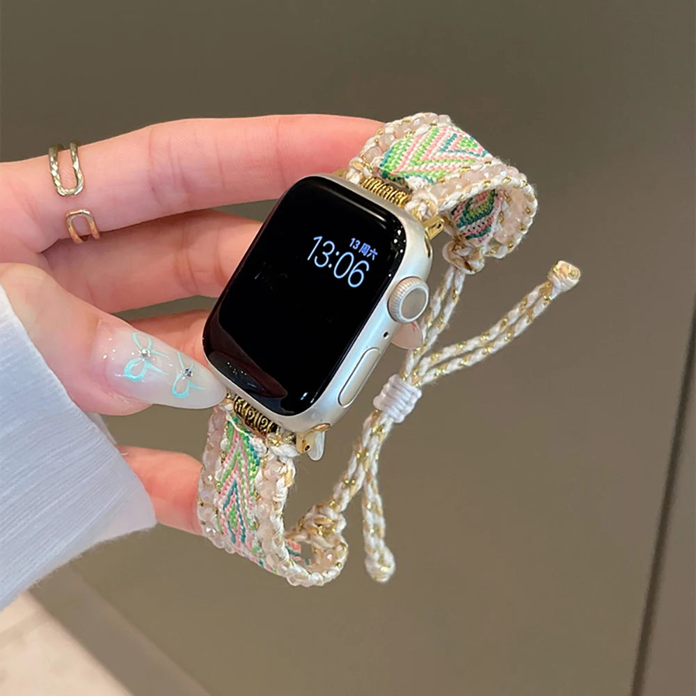 Bohemia Crystal Edge Braided Rope Band For Apple Watch Strap 8 49 9 7 SE 6 For iWatch 45 42 44 40 MM Women Wrist Bracelet