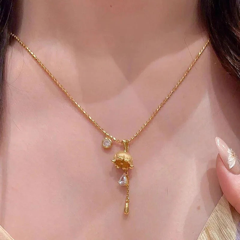 Gold Vintage Drop Flash Diamond Lily of the Valley Pendant Temperament Necklace for women