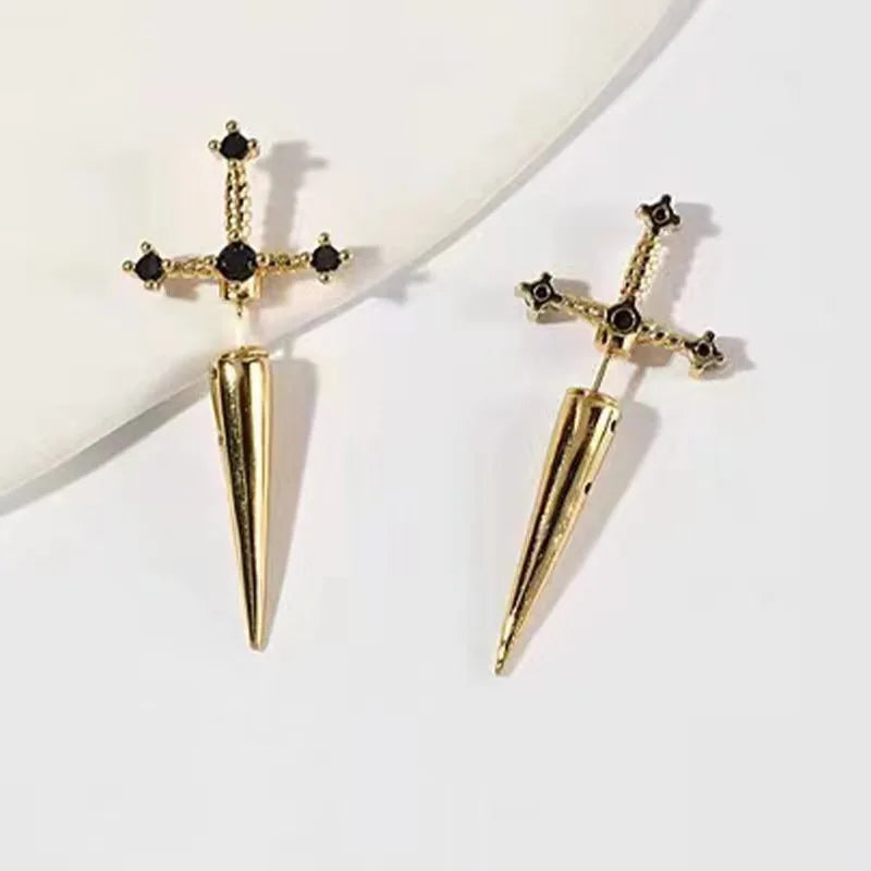 Jewelry Sword  Initial Piercing Earrings for Women Crystal Ear Jacket Dagger Stud Earrings Jewelry