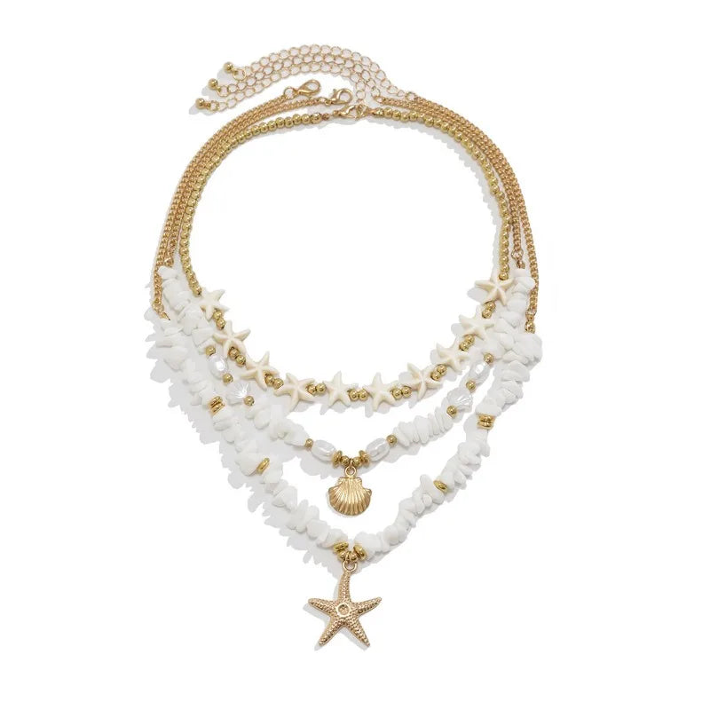 Accessories, holiday shell beaded collarbone chain, beach alloy imitation pearl multi-layer starfish necklace