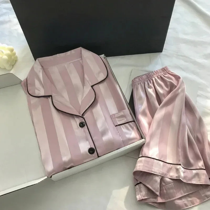 2Pcs/set Ice Silk Women's Pajamas Short Sleeve Short Pants Simulation Silk Home Clothing Solid Color Striped Student Pajamas S L