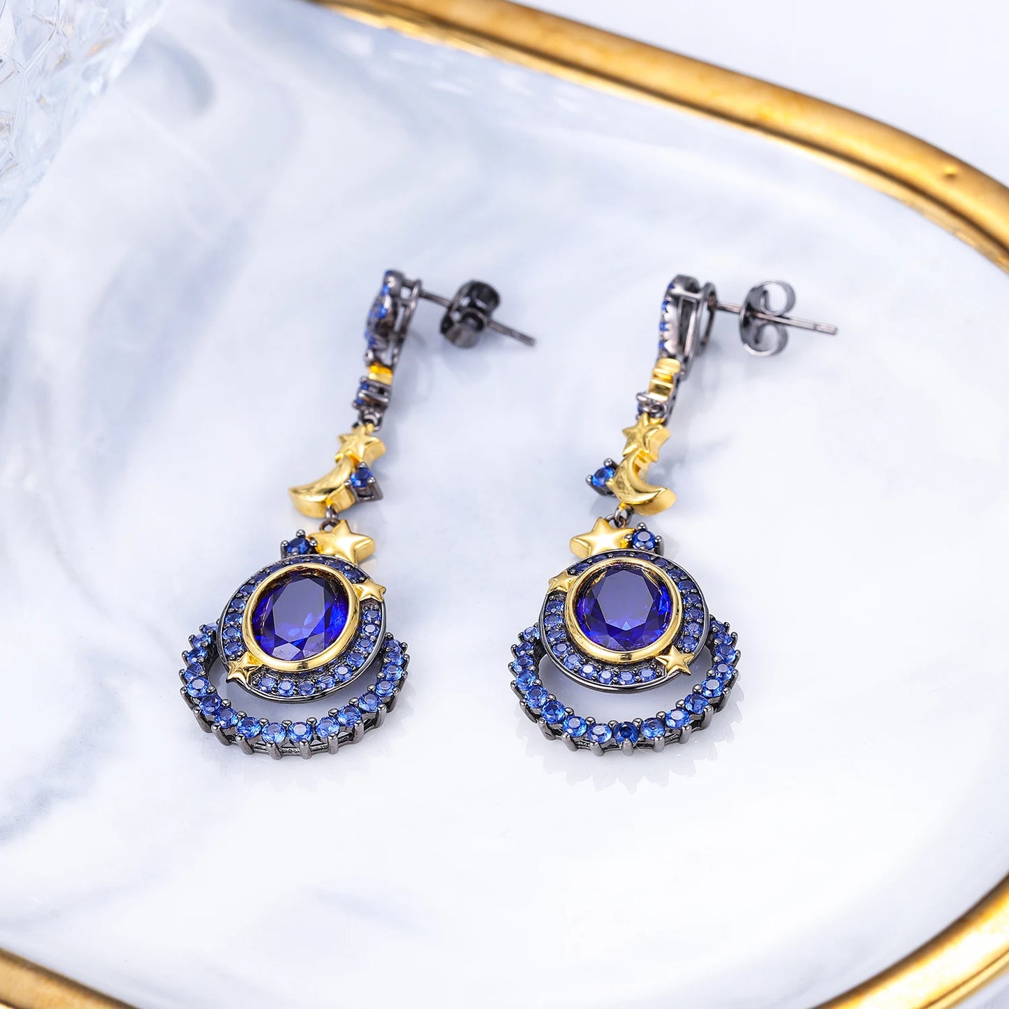 lab Blue Sapphire Vintage Earrings 925 Sterling Silver Handmade Star Moon Element Drop Earrings for Women Jewelry
