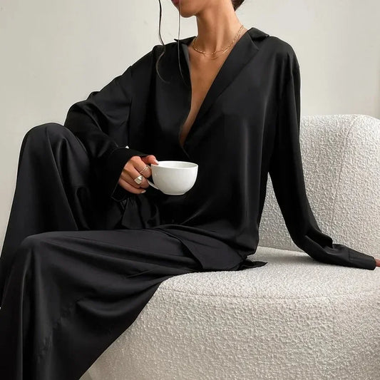 Satin Silk Sleepwear Low Cut Sexy Pajamas For Women Single-Breasted Long Sleeves Wide Leg Pants Trouser Suits Oversized