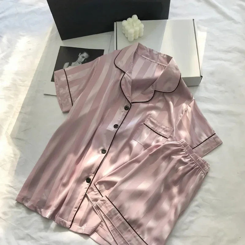 2Pcs/set Ice Silk Women's Pajamas Short Sleeve Short Pants Simulation Silk Home Clothing Solid Color Striped Student Pajamas S L