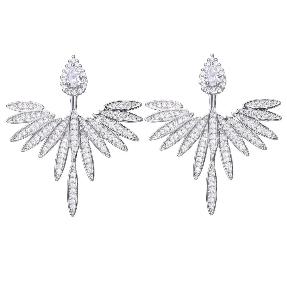Fashion Luxury Feather Crystal Wing Symmetrical Stud Earrings Exquisite Silver Color Jewelry Accessories for Women