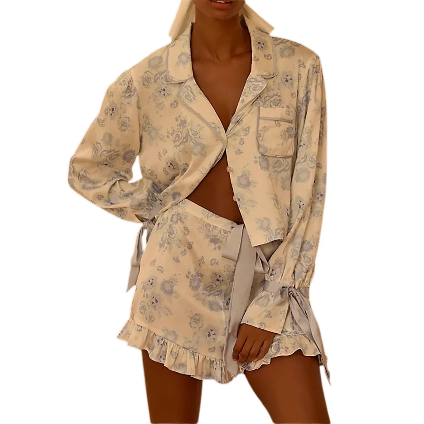 Women s Floral Print Pajama Set Long Sleeve Lapel Button Up Shirt and Shorts Sleepwear Lounge Sets for Summer