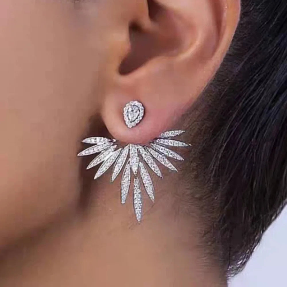 Fashion Luxury Feather Crystal Wing Symmetrical Stud Earrings Exquisite Silver Color Jewelry Accessories for Women