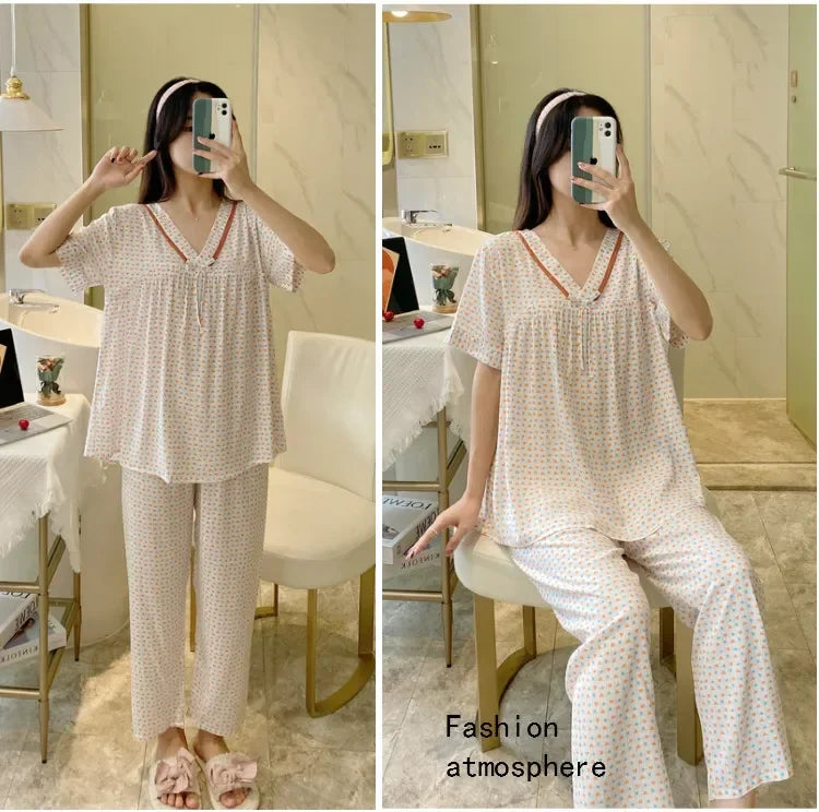 Spring Summer Pajamas Women Short Sleeve Pants Suit Cotton Rayon V-Neck Korean Home Wear Set Large Size Ladies Sleepwear