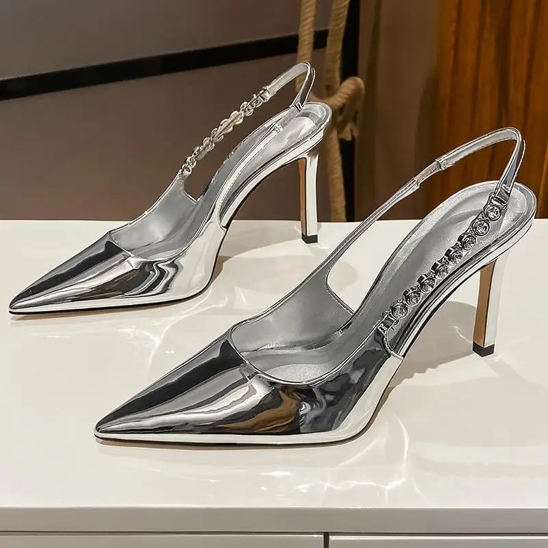 Pumps Metallic Crystal Sandals Shiny High Heels Slingback Silver Women Pointy Toe Stiletto Heeled Shoes Party Dress Shoes