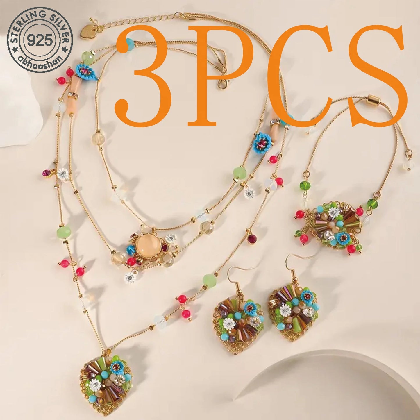 925 Silver, Multi-layer heart bead set, Bohemian style, pendant set with natural stones, gemstones, zirconia, crystals, pearls,