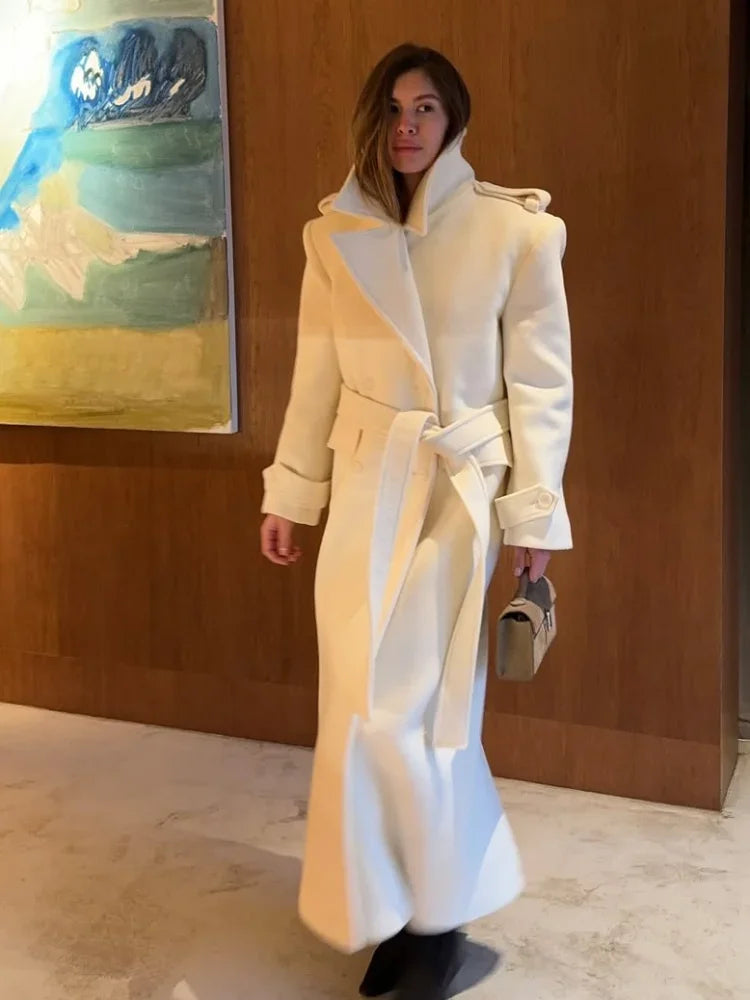 Elegant Lace Up Overcoats Women Double-breasted Wool Long Coats With Pockets 2025 High Street Fashion Autumn Winter Outerwears