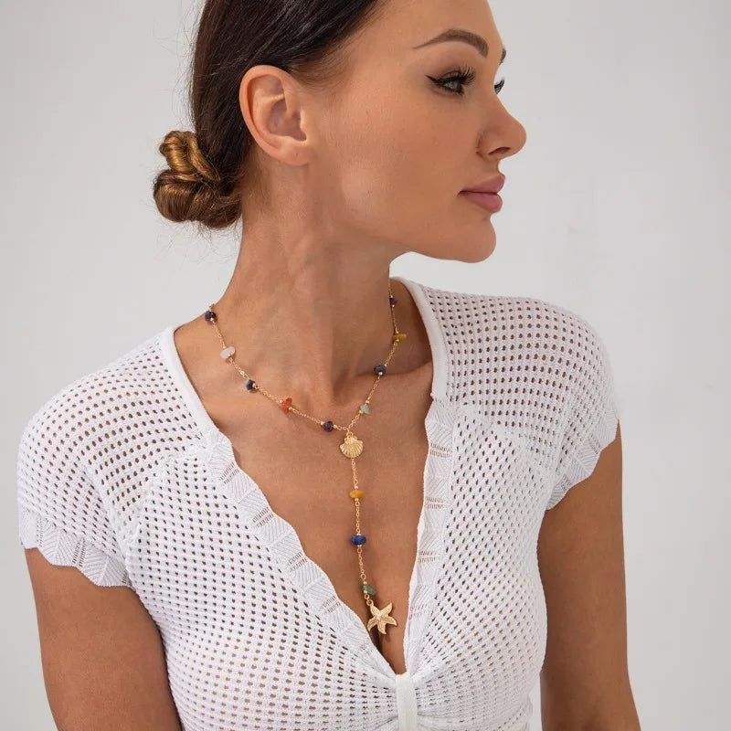 Holiday Style Starfish Shell Pendant Necklace, Irregular Turquoise Collarbone Chain Necklace for Women