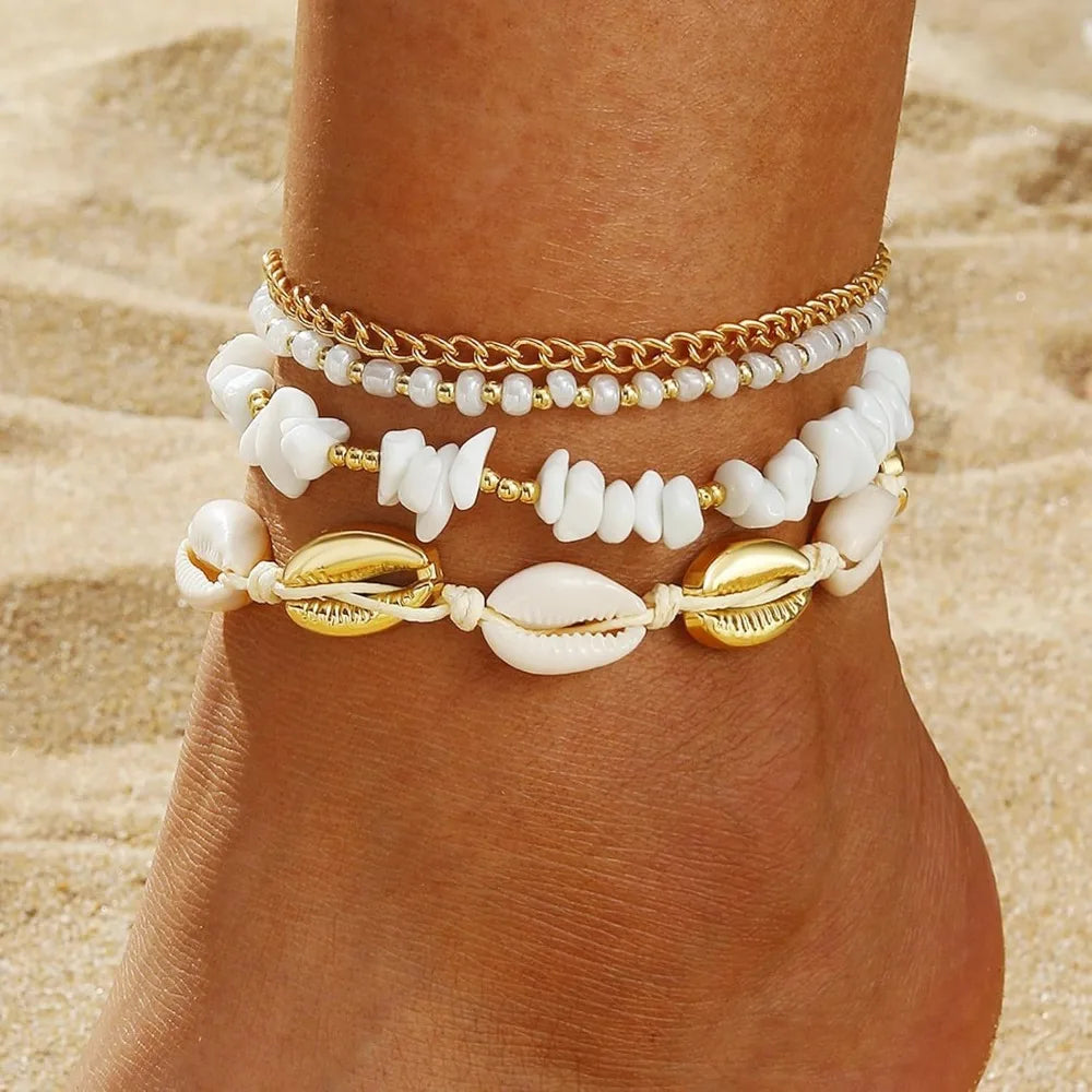 Shell Ankle Bracelet Set for Women, Gold Boho Bead Adjustable Anklet, Hawaiian Beach Seashell Pearl Heart Starfish Conch Foot