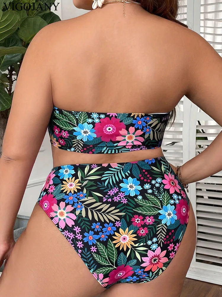 2025 Print Bandeau 2 Piece Plus Size Bikini Set Women Push Up High Waist Large Big Swimsuit Beach Bathing Suit