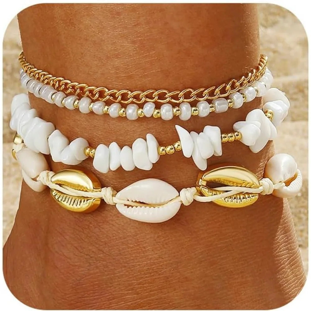 Shell Ankle Bracelet Set for Women, Gold Boho Bead Adjustable Anklet, Hawaiian Beach Seashell Pearl Heart Starfish Conch Foot