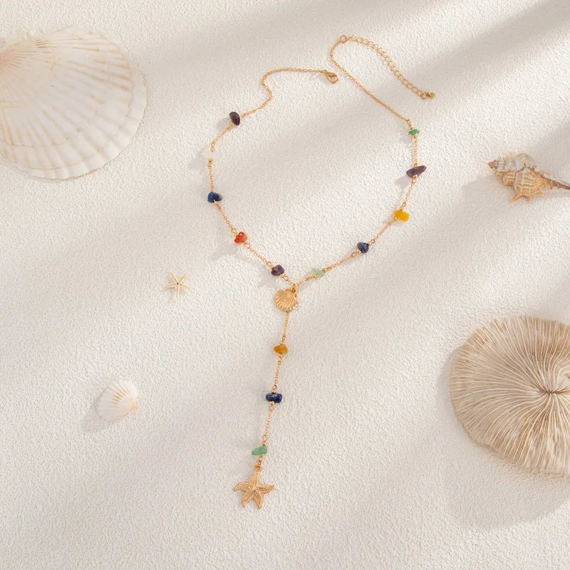 Holiday Style Starfish Shell Pendant Necklace, Irregular Turquoise Collarbone Chain Necklace for Women
