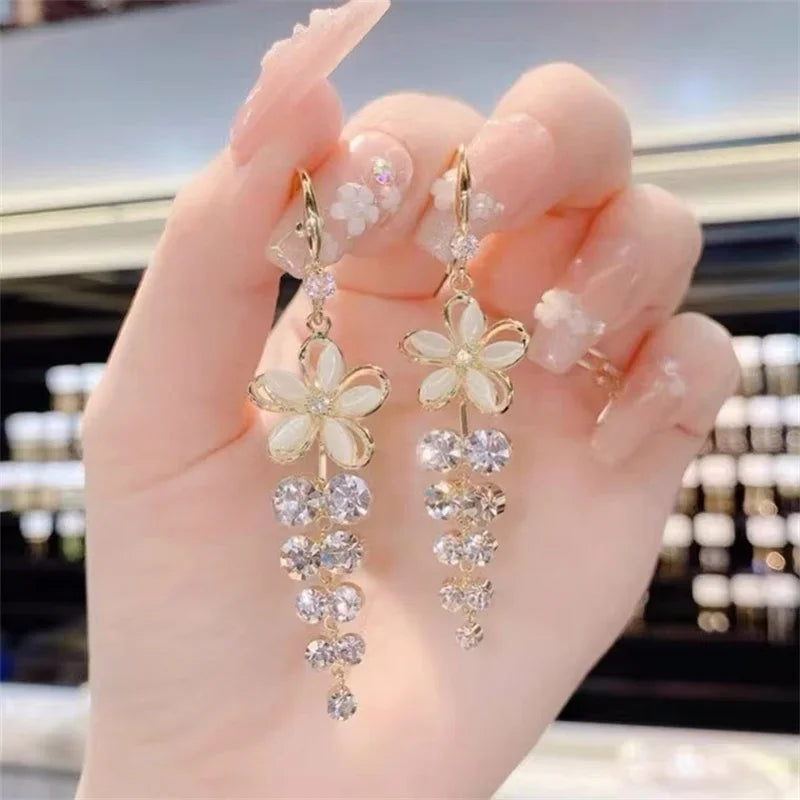 Luxury Crystal Flower Tassel Drop Earrings for Women Shiny Zircon Opal Long Dangle Earrings Girls Jewelry Gift