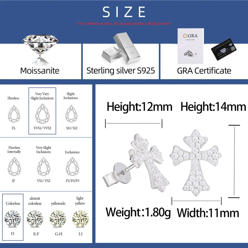 Moissanite Cross Stud Earrings For Women  Jewelry 100% 925 Sterling Silver Sparkling