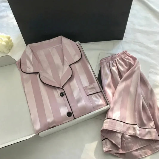 2Pcs/set Ice Silk Women's Pajamas Short Sleeve Short Pants Simulation Silk Home Clothing Solid Color Striped Student Pajamas S L