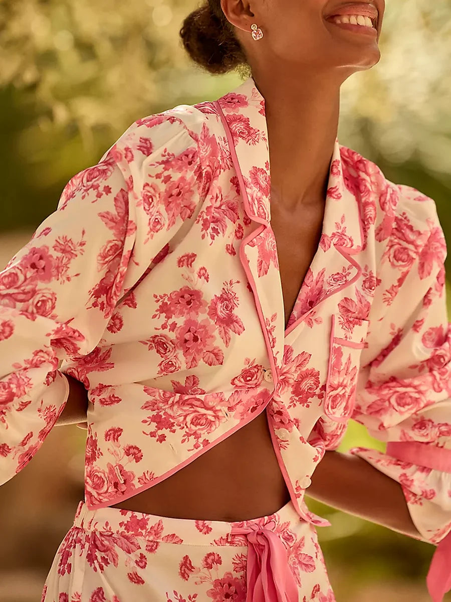 Women s Floral Print Pajama Set Long Sleeve Lapel Button Up Shirt and Shorts Sleepwear Lounge Sets for Summer