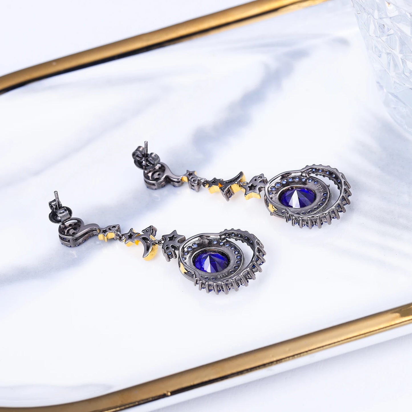 lab Blue Sapphire Vintage Earrings 925 Sterling Silver Handmade Star Moon Element Drop Earrings for Women Jewelry