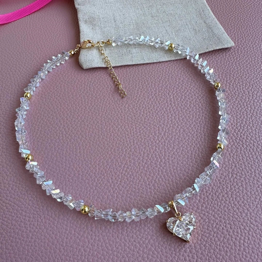 Fashion Vintage Sexy Zircon Heart Pendant Necklace For Women Female Boho Geometric Baroque Transparent Crystal Chain Jewelry