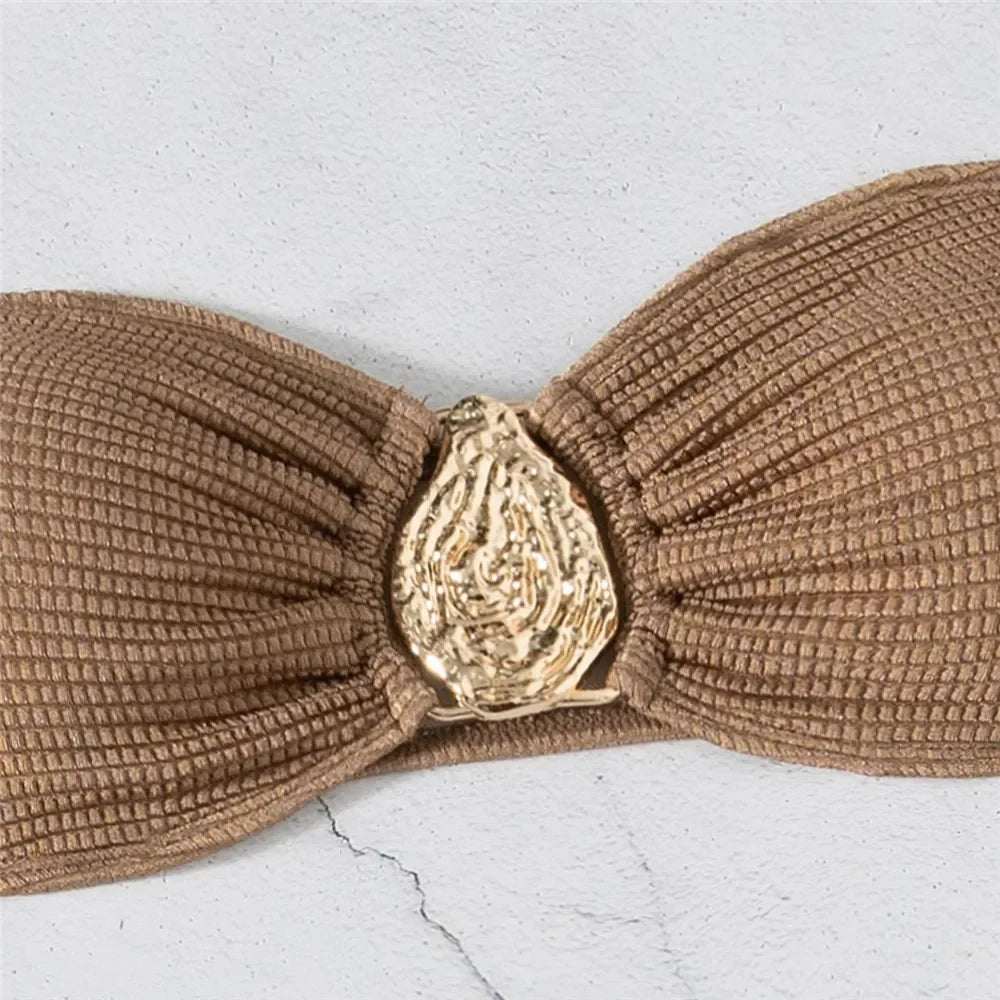 Brown Solid Swimwears Strapless Bandeau Bikinis Sets 3 Pieces Cover Up Sexy Swimsuit Woman 2025 Metal Buckled Bikini Beachwear