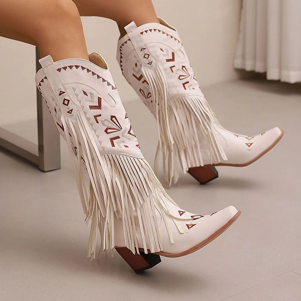 Retro Tassel Embroidered Cowgirl Mid-Calf Women Western Boots Pointed Toe Chunky High Heel Cowboy Cool All-Match Shoes