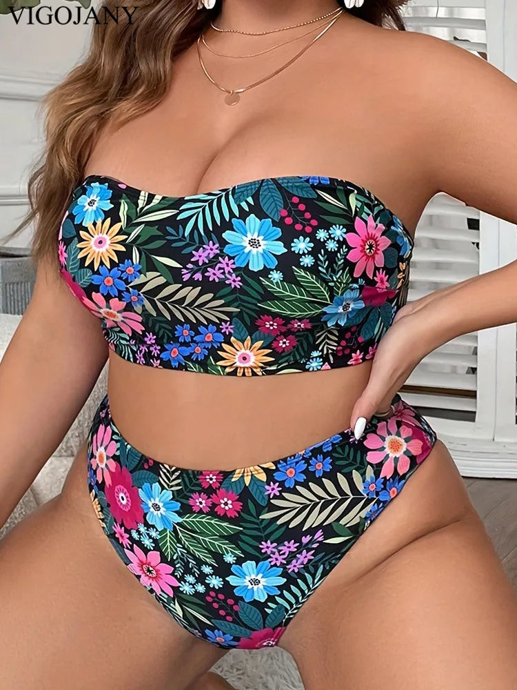2025 Print Bandeau 2 Piece Plus Size Bikini Set Women Push Up High Waist Large Big Swimsuit Beach Bathing Suit