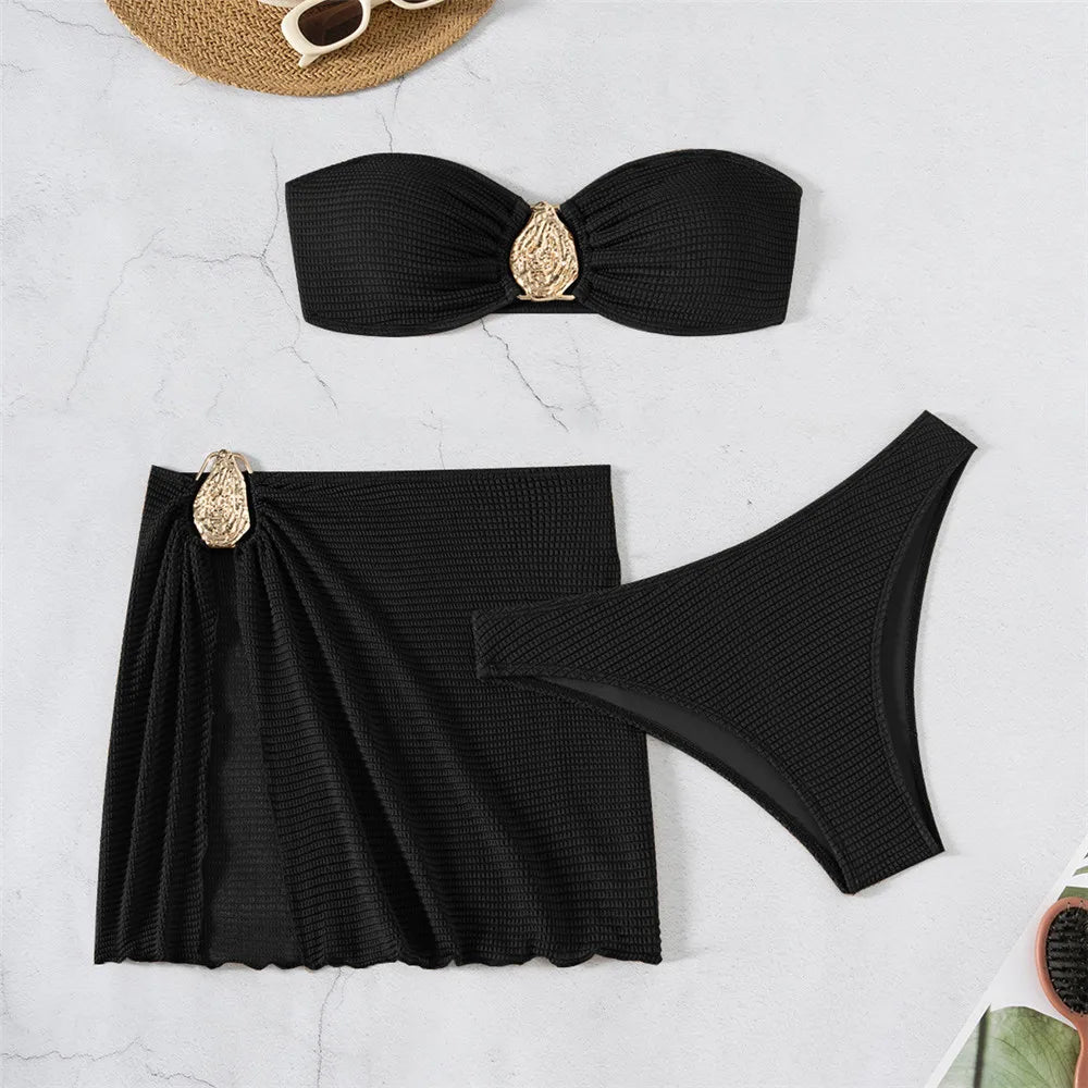 Brown Solid Swimwears Strapless Bandeau Bikinis Sets 3 Pieces Cover Up Sexy Swimsuit Woman 2025 Metal Buckled Bikini Beachwear