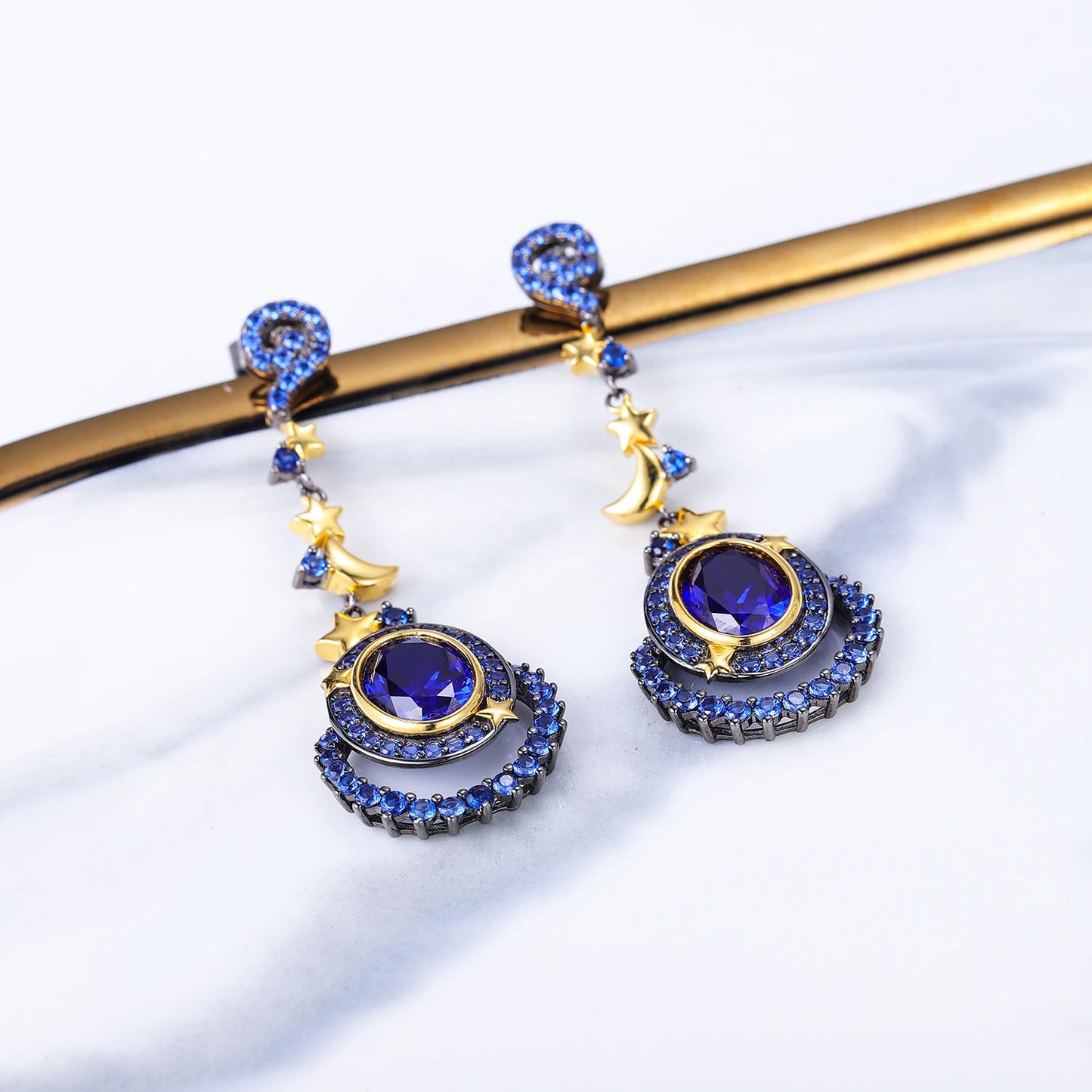 lab Blue Sapphire Vintage Earrings 925 Sterling Silver Handmade Star Moon Element Drop Earrings for Women Jewelry