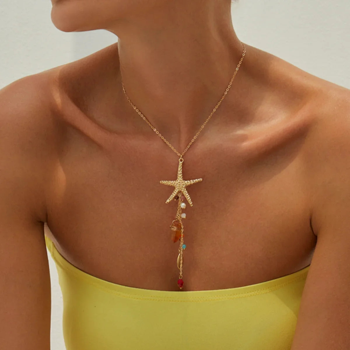Bohemia Starfish Scallop Crystal Long Tassel Pendant Necklace For Women Summer/ Beach/ Vacation Charm Jewelry Accessories
