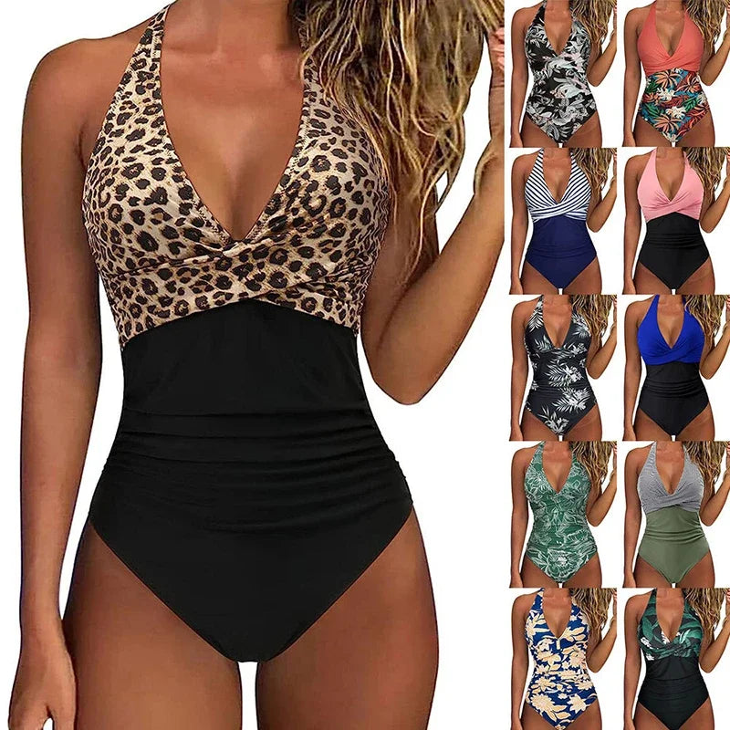 Print One Piece Swimsuit Women Sexy Pleated Bathing Suit Leopard Printed Bodysuit Bikini Set Summer Fashion New Beachwear 2025