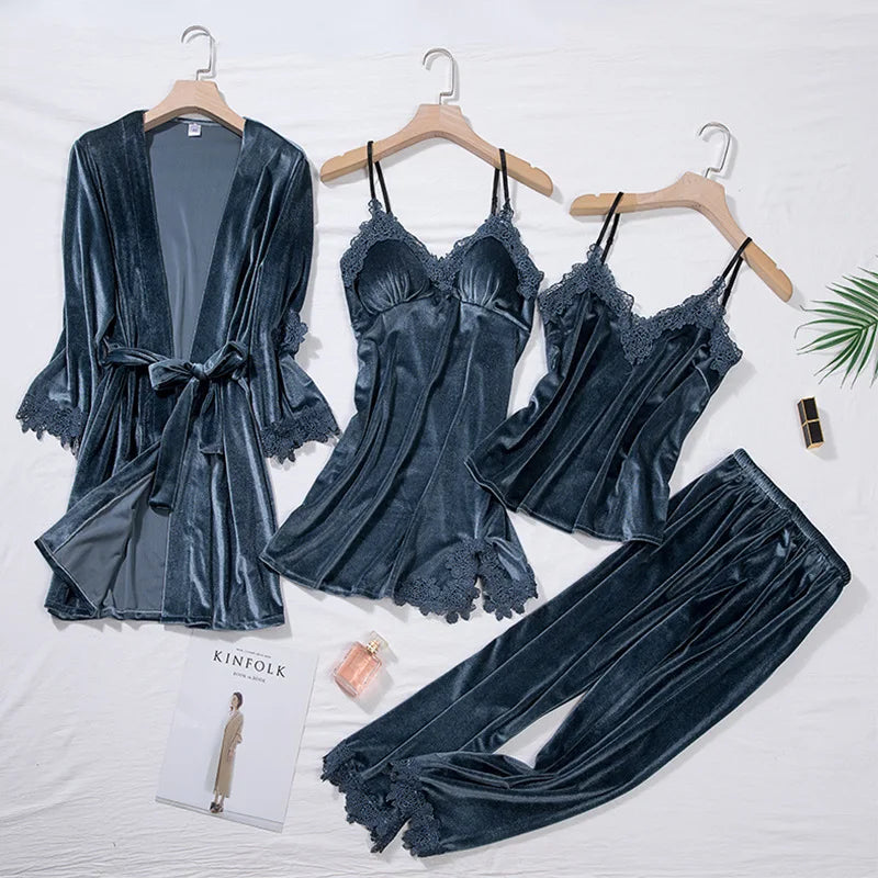 TOP Casual Velour Home Clothing 4pcs Sleep Set Intimate Lingerie Women Pajamas Suit Long Sleeve Lace Velvet Homewear Pyjamas set