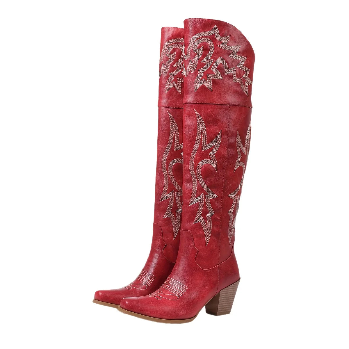 Women Over The Knee Western Boots Cowboy Chunky High Heel Square Toe Side Zipper Shoes Vintage Leisure Dressy Cowgirl Boots US