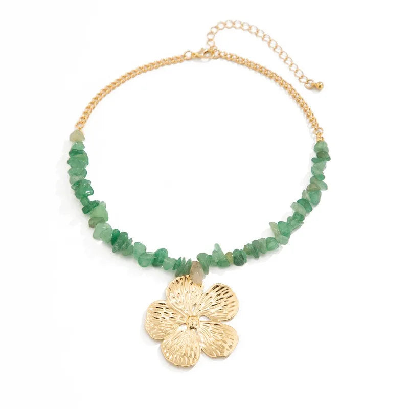 Bohemian Gravel Line Beaded Necklace, Vintage Five-petaled Flower Pendant Collarbone Chain
