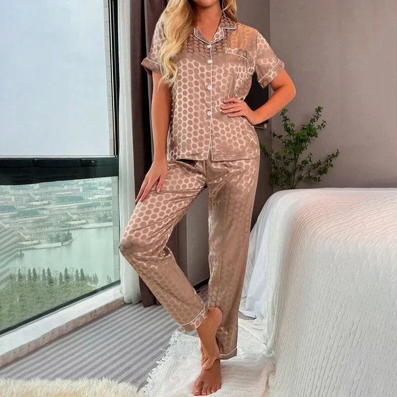 Women's Satin Pajama 2 Piece Outfits Lapel Button Sleepwear Home Clothes Suit Autumn Short Sleeve Pyjama Pijama Femme Loungewear