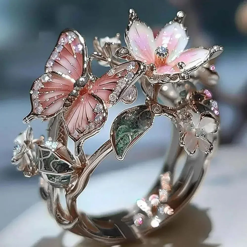 Aesthetic Flower Butterfly Rings for Female Romantic Rhinestone Stylish Non-fading Opening Ring Women Jewelry Gift