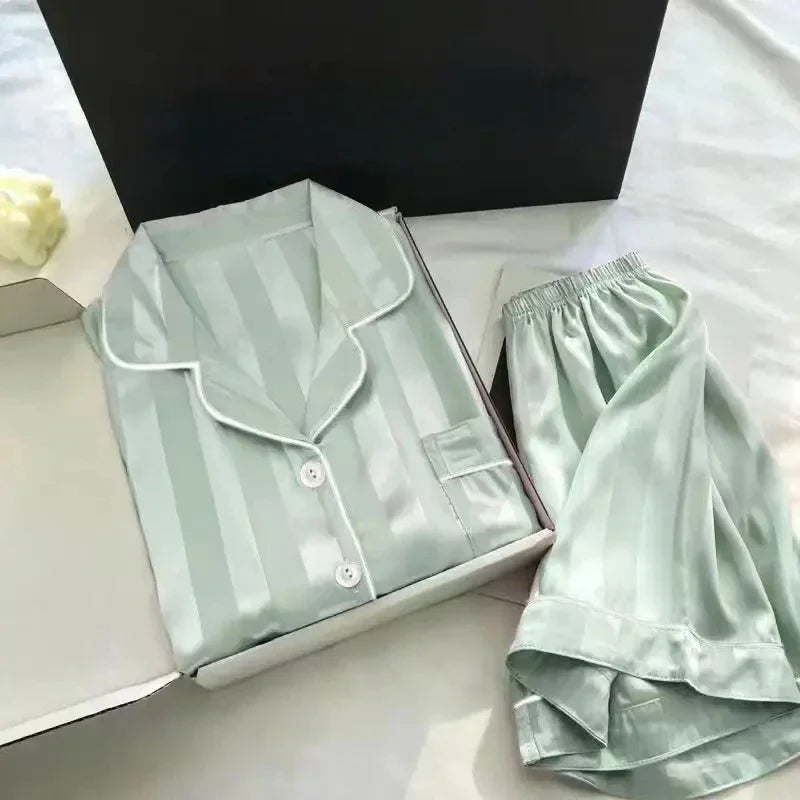 2Pcs/set Ice Silk Women's Pajamas Short Sleeve Short Pants Simulation Silk Home Clothing Solid Color Striped Student Pajamas S L
