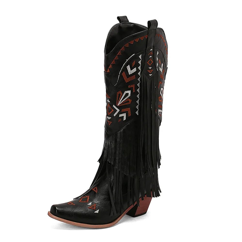 Retro Tassel Embroidered Cowgirl Mid-Calf Women Western Boots Pointed Toe Chunky High Heel Cowboy Cool All-Match Shoes