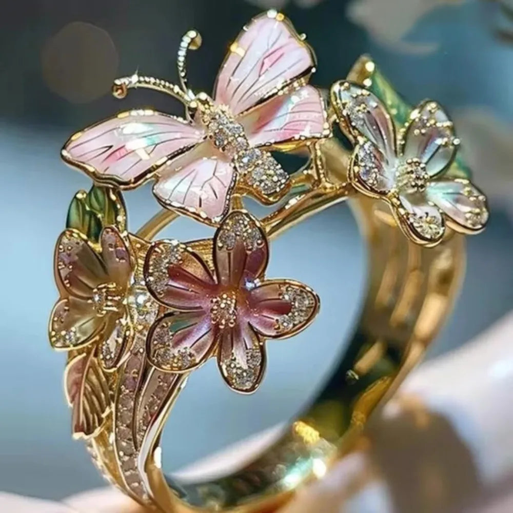 Aesthetic Flower Butterfly Rings for Female Romantic Rhinestone Stylish Non-fading Opening Ring Women Jewelry Gift