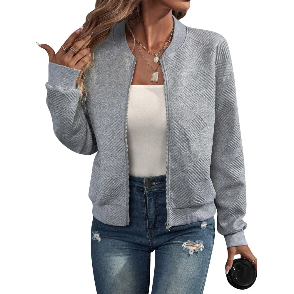 Women's autumn and winter new solid color simple and exquisite zipper jacket baseball collar casual jacket