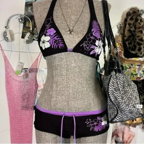 Sexy Hottie Print Laced Up Backless Bikini 2 Piece Set Women Split Swimsuit Beach Bikini 2025 New Summer Swimwear Bikinis Set